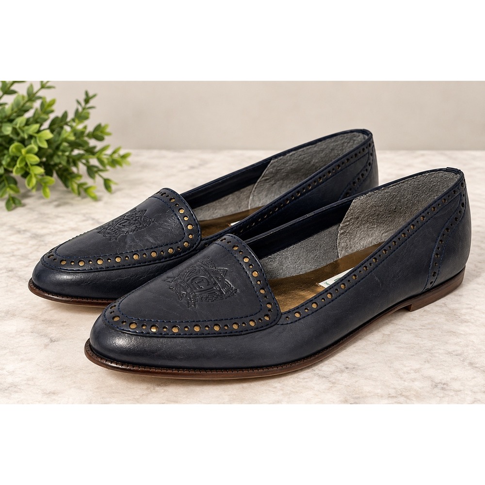 Liz Claiborne VTG Navy Leather Brogue Crest Loafers Flats Shoe 8N Made in Brazil